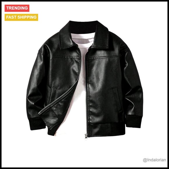 Boys Faux Leather Motorcycle Jacket with Zipper and Pocket